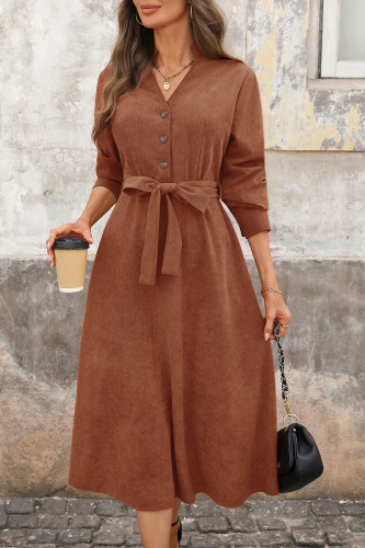 Corduroy V-Neck Long Sleeved Waist Cinched Dress