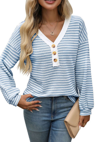 V-Neck Striped Printed Long Sleeved T-Shirt
