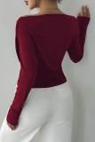 Solid Color Slanted Shoulder Collar Long Sleeved Shirt