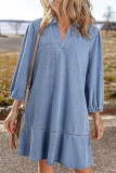 V-Neck Seven Quarter Bubble Sleeve Denim Dress