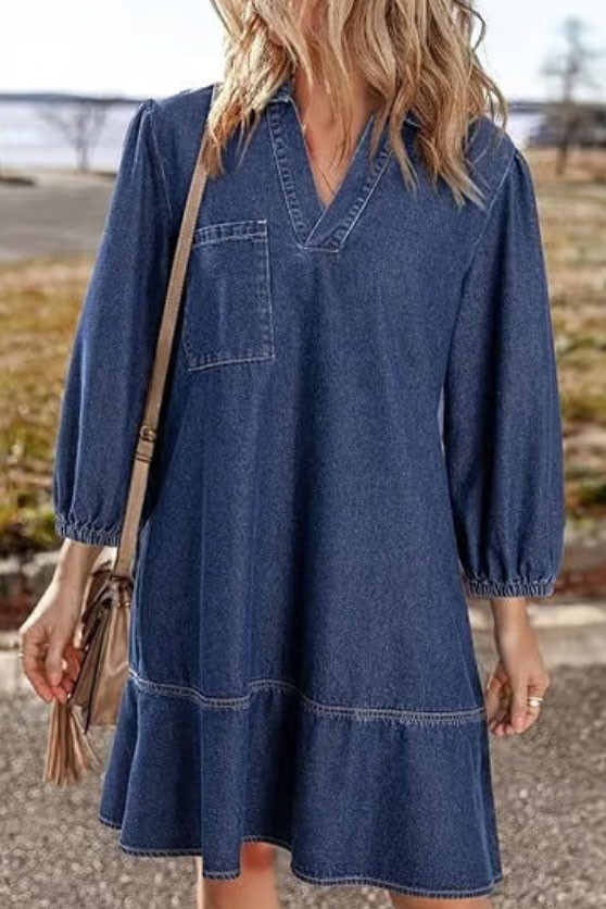 V-Neck Seven Quarter Bubble Sleeve Denim Dress