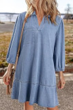 V-Neck Seven Quarter Bubble Sleeve Denim Dress