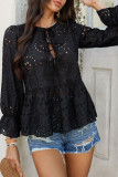 Solid Color Hollow Ruffle Edge Long Sleeved Shirt