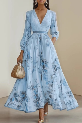 V-Neck Long Sleeved Pleated Dress