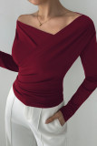 Solid Color Slanted Shoulder Collar Long Sleeved Shirt