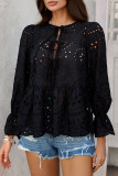 Solid Color Hollow Ruffle Edge Long Sleeved Shirt