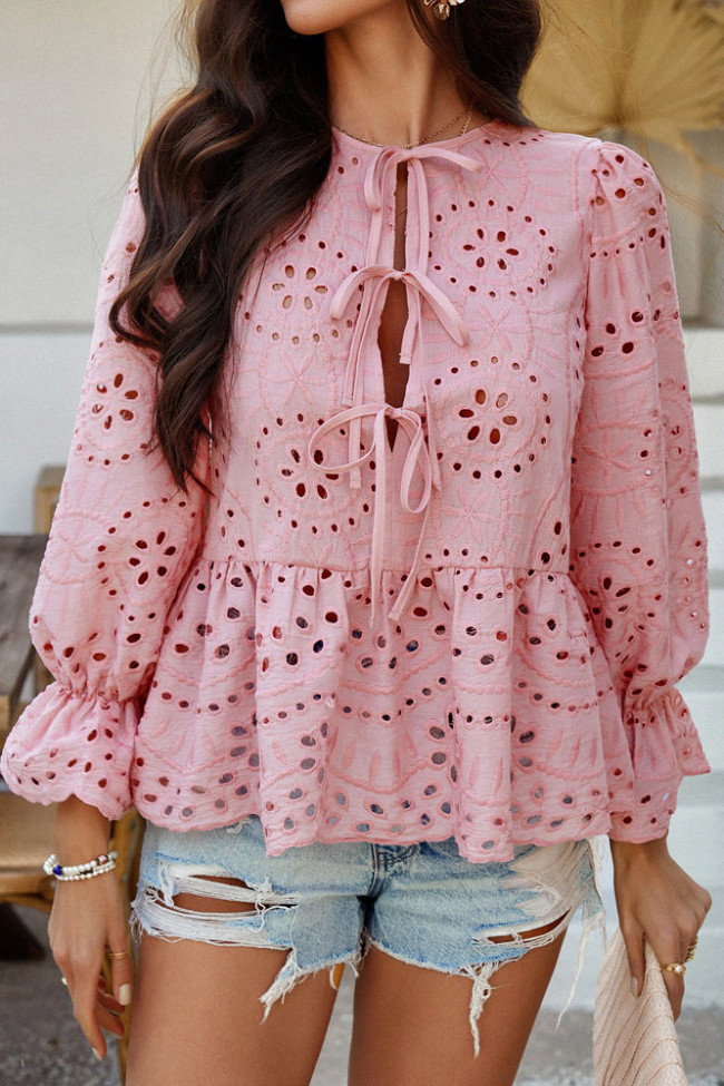 Solid Color Hollow Ruffle Edge Long Sleeved Shirt