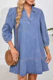 V-Neck Seven Quarter Bubble Sleeve Denim Dress