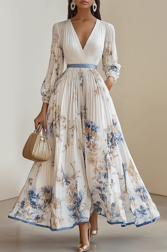 V-Neck Long Sleeved Pleated Dress