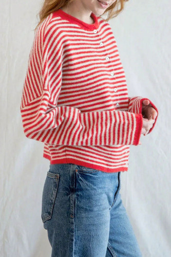 Striped Long-Sleeved Round-neck Button Sweater
