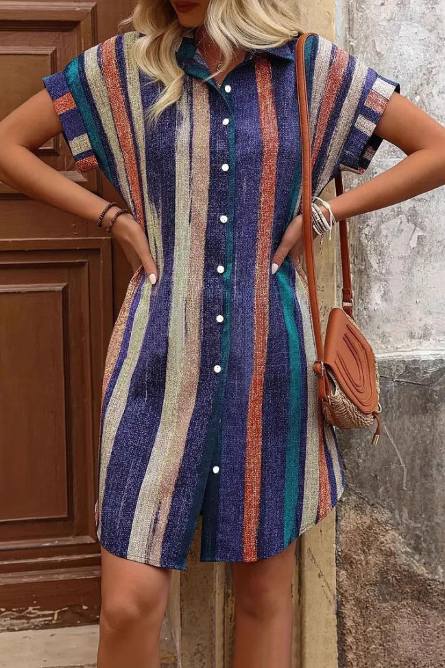 Colorful Striped Short Sleeved Shirt Dress