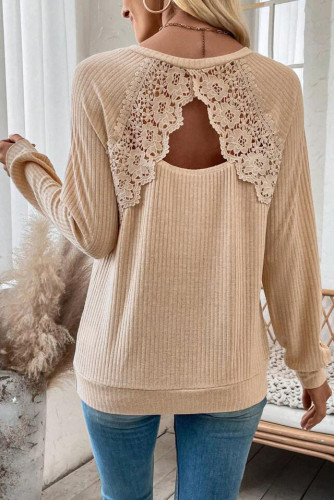 Lace Hollowed Long Sleeved Backless T-Shirt