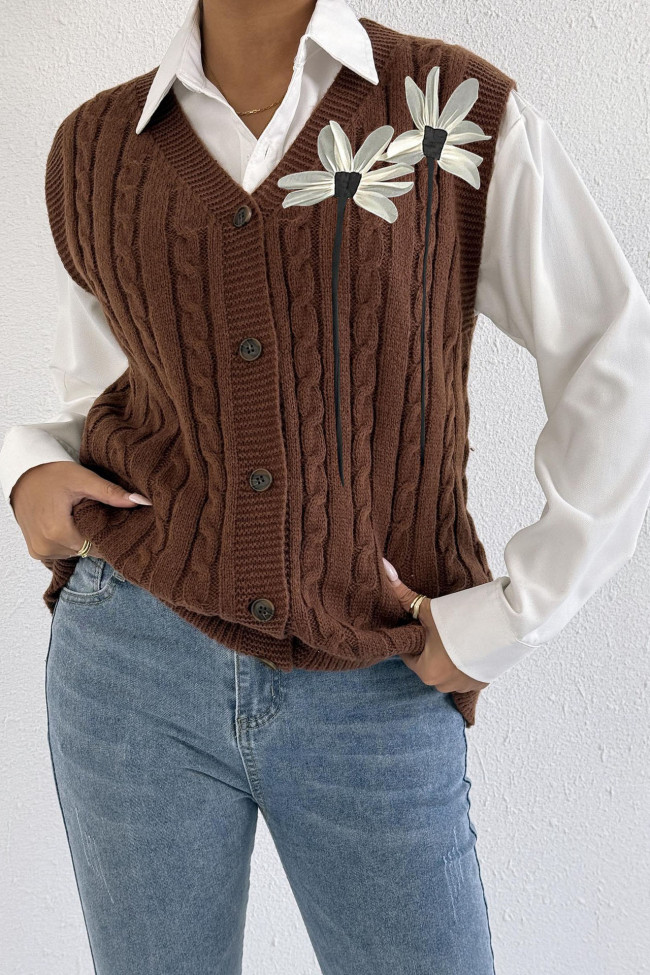 V-Neck Solid Color Sleeveless Cardigan Vest