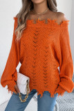 Solid Color Hollow Long Sleeved Off Shoulder Sweater