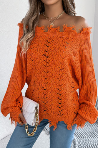 Solid Color Hollow Long Sleeved Off Shoulder Sweater