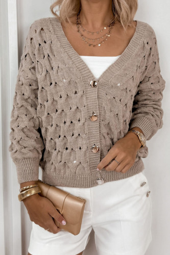 V-Neck Hollowed Long Sleeved Button Cardigan Sweater