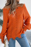 Solid Color Hollow Long Sleeved Off Shoulder Sweater
