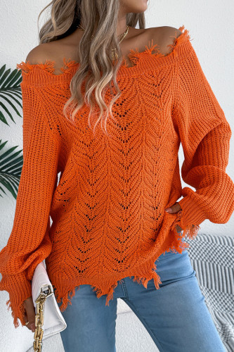 Solid Color Hollow Long Sleeved Off Shoulder Sweater
