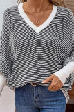 Striped V-Neck Bat Long Sleeved Sweater