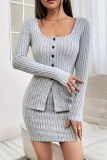 Solid Color Knitted Long Sleeved Short Skirt Two-Piece Set