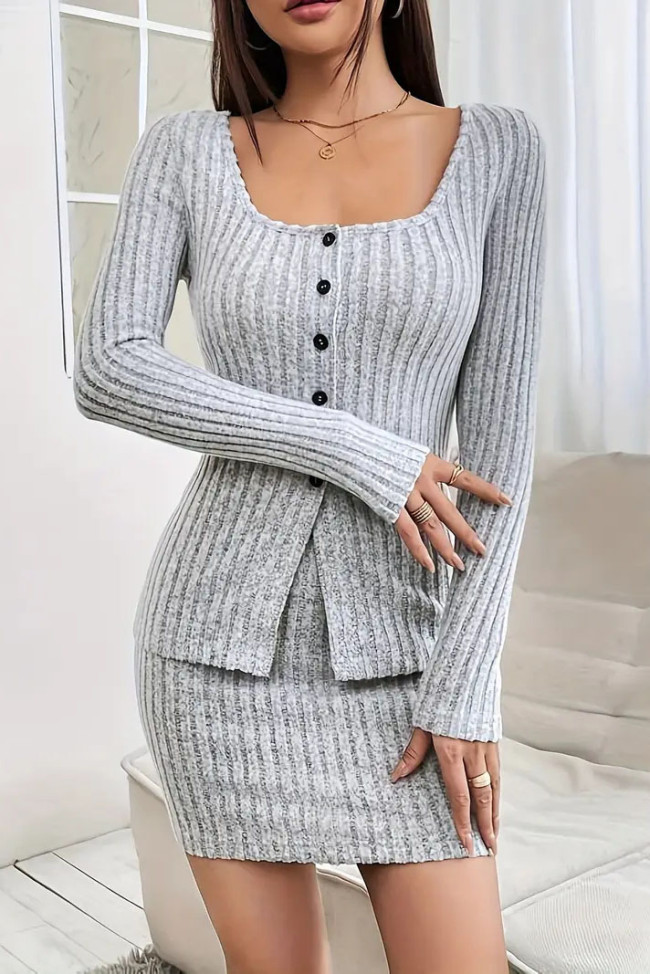 Solid Color Knitted Long Sleeved Short Skirt Two-Piece Set