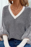 Striped V-Neck Bat Long Sleeved Sweater