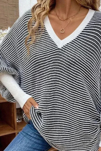 Striped V-Neck Bat Long Sleeved Sweater
