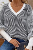Striped V-Neck Bat Long Sleeved Sweater
