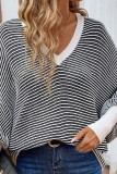 Striped V-Neck Bat Long Sleeved Sweater