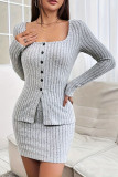 Solid Color Knitted Long Sleeved Short Skirt Two-Piece Set