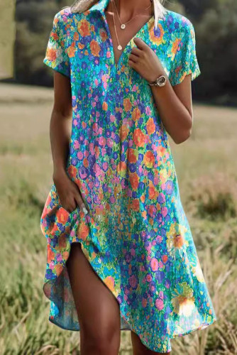 Bohemian Round Neck Short Sleeved Printed Dress