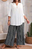V-Neck Solid Color Shirt Printed Pants Two-Piece Set