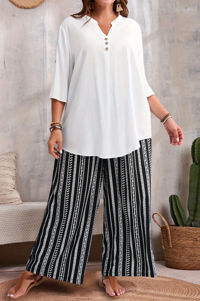 V-Neck Solid Color Shirt Printed Pants Two-Piece Set
