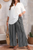 V-Neck Solid Color Shirt Printed Pants Two-Piece Set