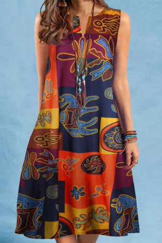 Printed V-Neck Sleeveless Dress