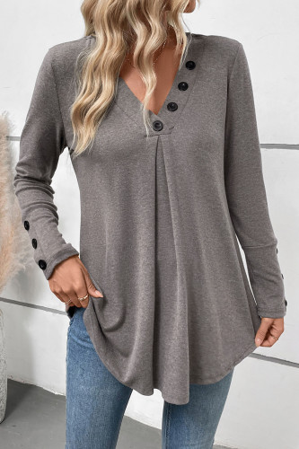 V-Neck Solid Color Long Sleeved T-Shirt