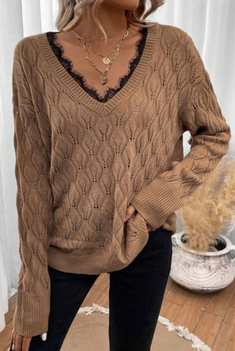 Lace Edged Long Sleeved V-Neck Sweater