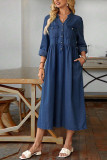Plus Size New Denim Collar Button Long Sleeve Long Dress