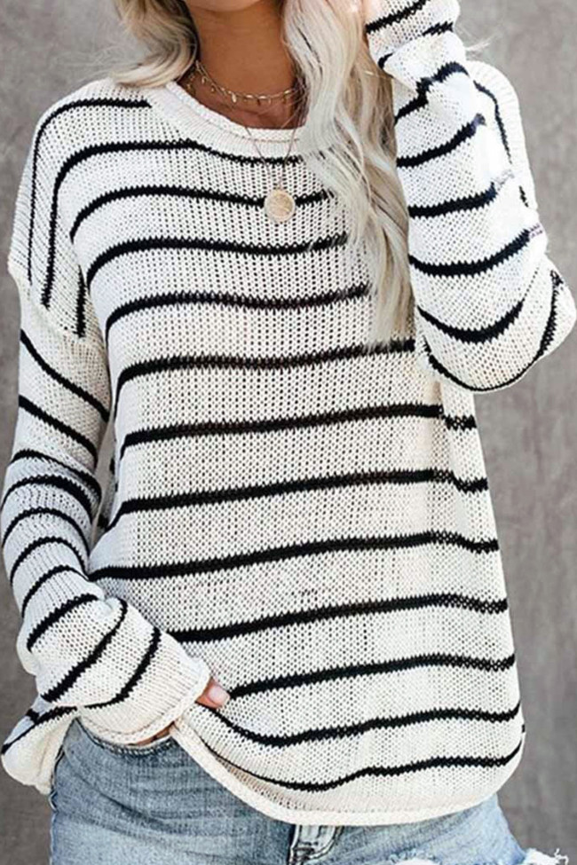 Round Neck Long Sleeved Striped Knitted Sweater
