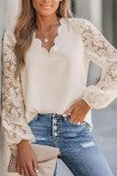 V-Neck Wavy Flower Lace Long Sleeved Shirt