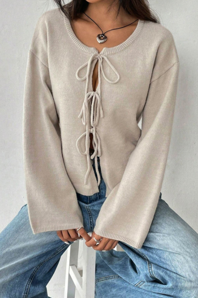 Solid Color Long Sleeved Tied Cardigan Sweater