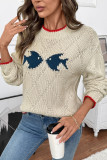Fish Printed Round Neck Knitted Sweater