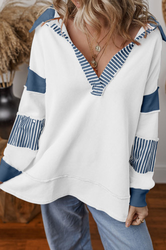 Deep V-Neck Striped Long Sleeved Loose Sweatshirt