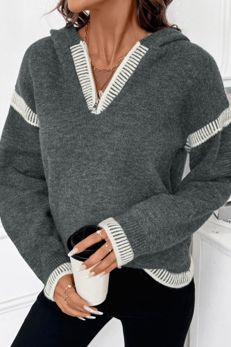V-Neck Loose Long Sleeved Hooded Sweater