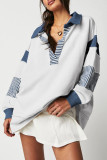 Deep V-Neck Striped Long Sleeved Loose Sweatshirt