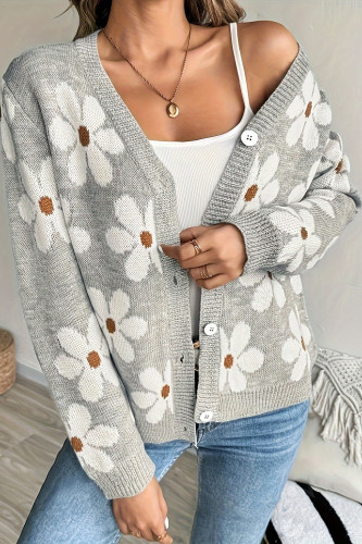 V-Neck Long Sleeved Jacquard Cardigan Sweater