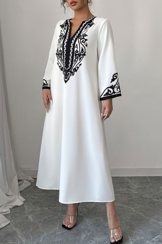 Embroidered V-Neck Long Sleeved Dress