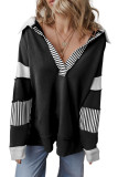 Deep V-Neck Striped Long Sleeved Loose Sweatshirt