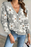 V-Neck Long Sleeved Jacquard Cardigan Sweater