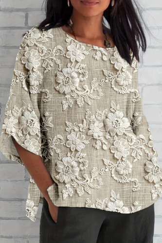 Flower Embroidery V-Neck Seven Quarter Sleeved Shirt